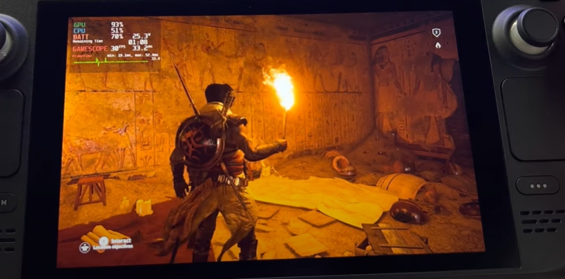 AC Origins on Steam Deck AC Origins on Steam Deck with Bayek holding a torch in an Egyptian tomb
