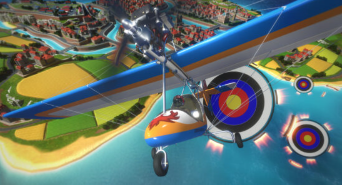 Ultrawings 2 Phoenix airplane flying through target rings above an island