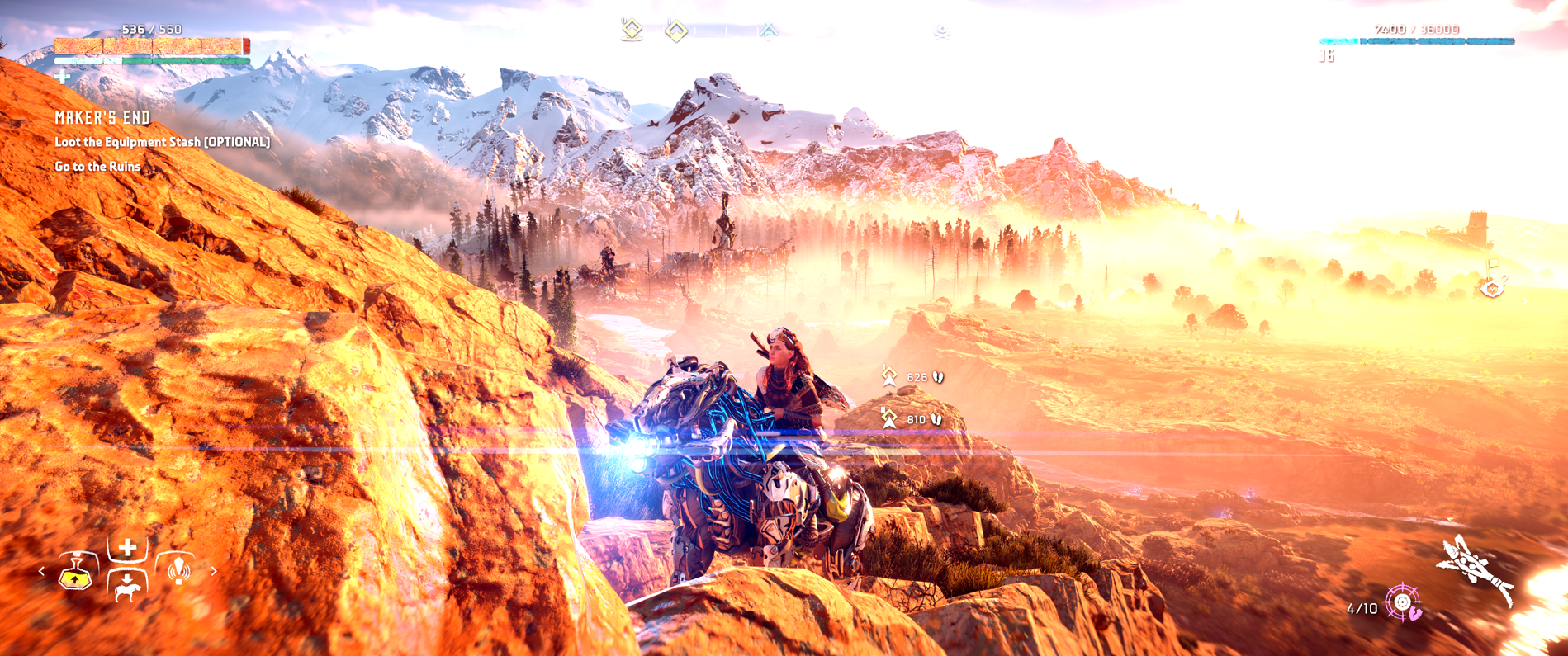 Horizon Zero Dawn Aloy riding a strider up a mountain