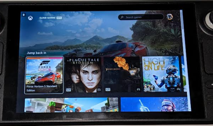 Game Pass Cloud Game On Deck Steam Deck screen showing Xbox Cloud Gaming