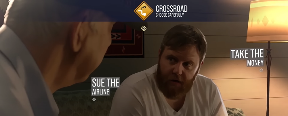 Crossroad Choose Carefully As Dusk Falls Crossroad choice between Vince and Jim. Sue the Airline or Take the Money