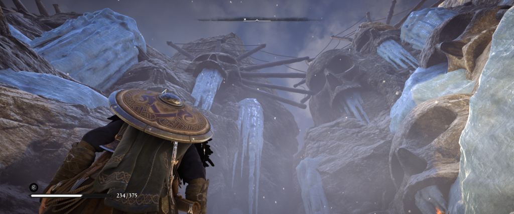 Skulls on the Cliffside Assassin's Creed Valhalla the Forgotten Saga DLC cliff faces of skulls with giant ice sickles
