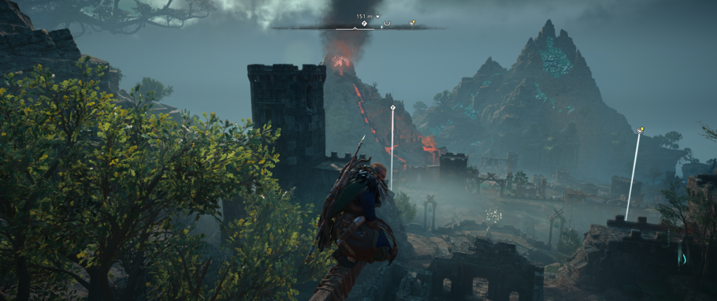 Fire and Ice AC Valhalla the Lost Saga DLC Javi looking at a volcano and an ice mountain