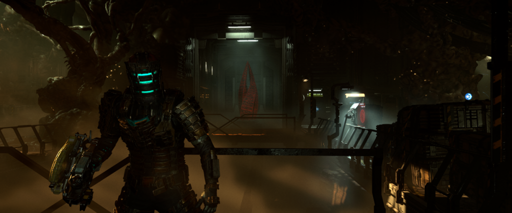 All Hail the Marker Dead Space Isaac Clarke with ripper in hand and red marker in the background
