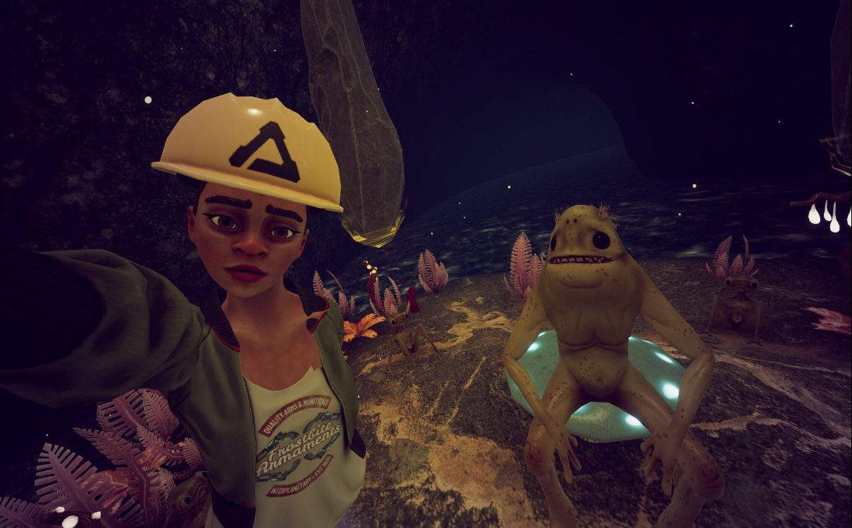 Vertigo 2 girl with hard hat taking selfie with alien