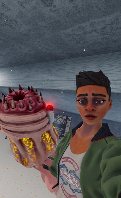The Alien Grenade Launcher Vertigo 2 female holding an alien creature as a weapon