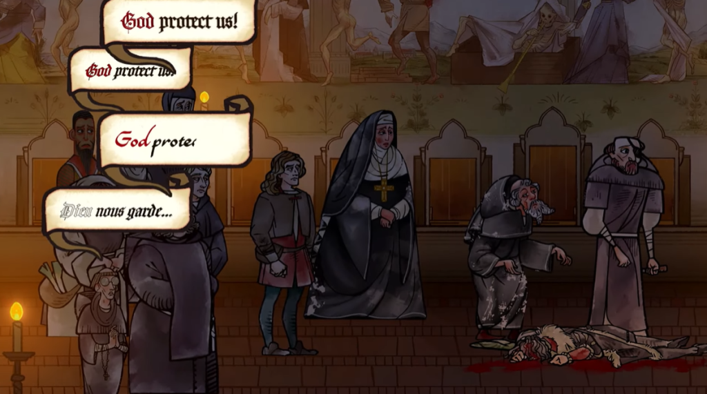 Murder in the Church Pentiment murder in the church with dead bloody body on the floor with brothers and nuns
