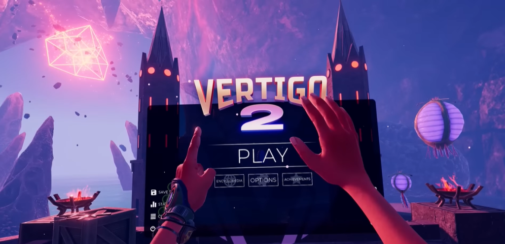 Vertigo 2 Title Screen Vertigo 2 Title screen with hands in the air and castle in the background