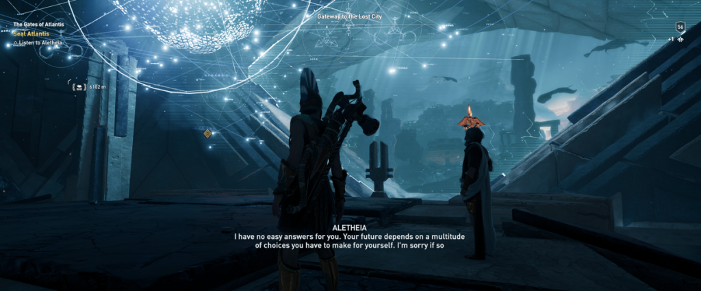 Gate of Atlantis AC Odyssey gates of Atlantis with Kassandra, Aletheia and Pythagoras carrying Hermes staff