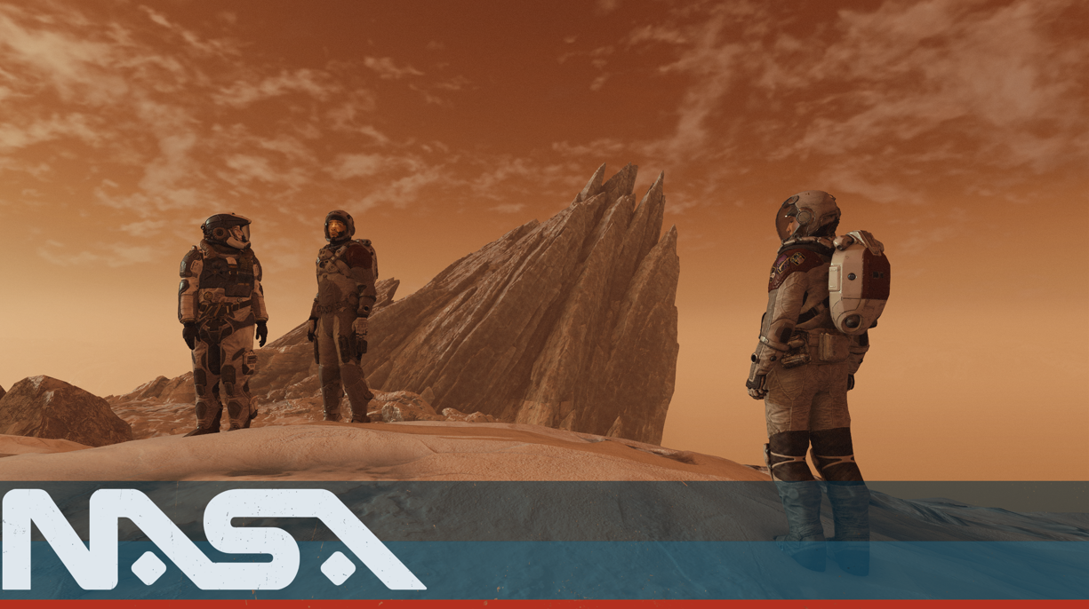 Starfield game of the generation 3 astronauts with an ice mountain behind them