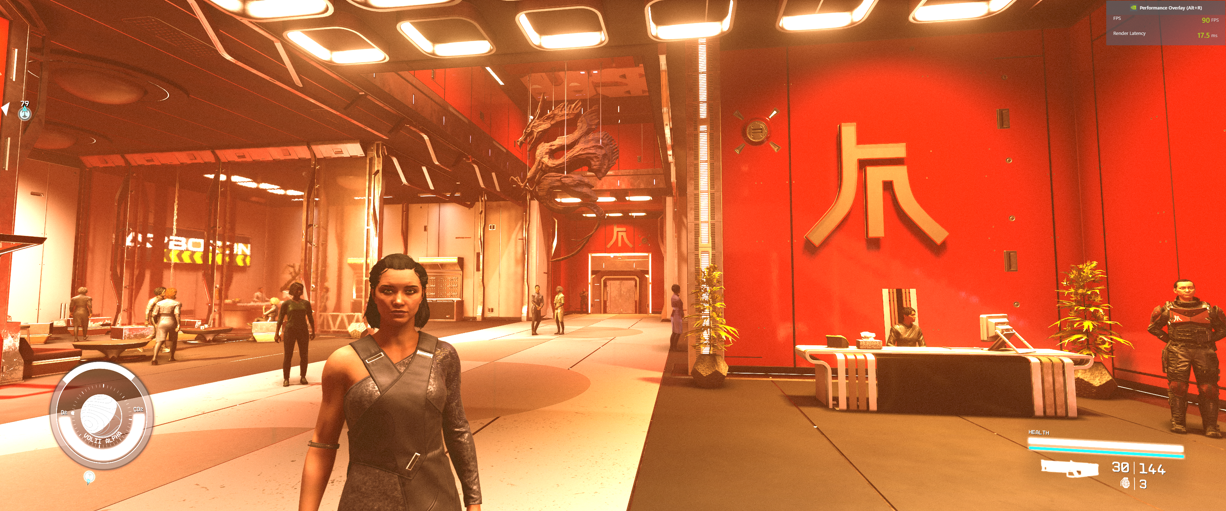 Starfield Ryujin Industries lobby with Andreja and dragon sculpture in the back