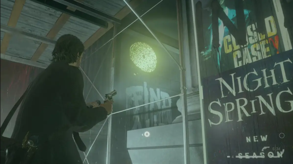 Words of Power Alan Wake 2 yellow words of power spray painted on the wall