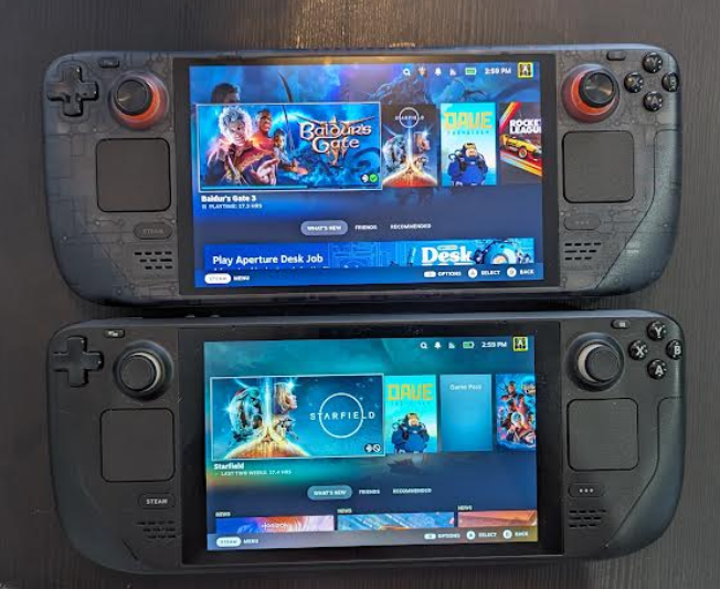 Steam Deck OLED vs LCD Steam Deck OLED Limited Edition menu screen on top of Steam Deck LCD menu screen