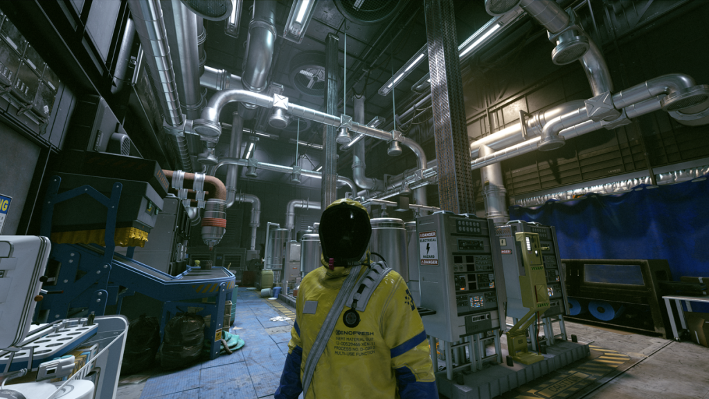 Starfield cooking Aurora in the Xenofresh lab wearing a clean suit