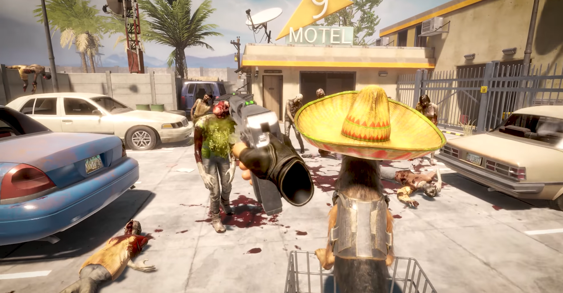 Arizona Sunshine 2 Buddy the dog with a Mexican hat on sitting in cart with hordes of zombies