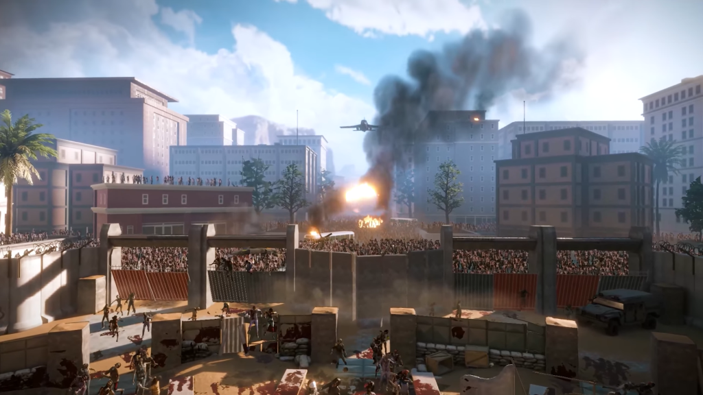 Airplane dropping bombs on hordes of zombies