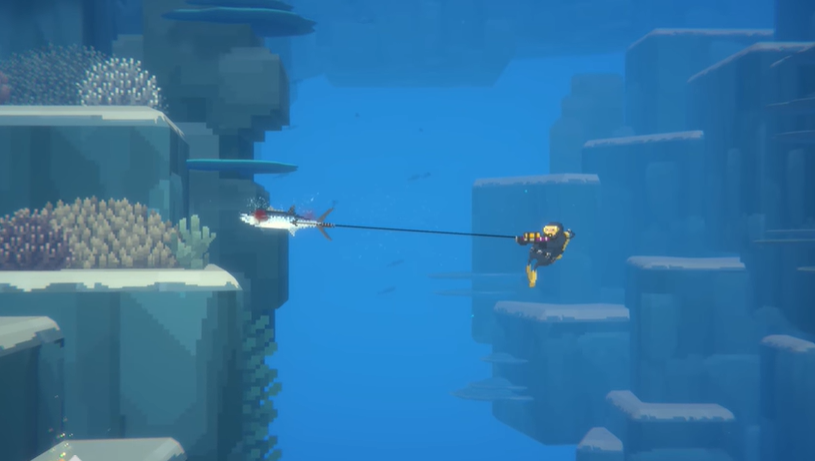 Harpoon Gun in Action Dave the Diver catching a fish with a harpoon gun underwater