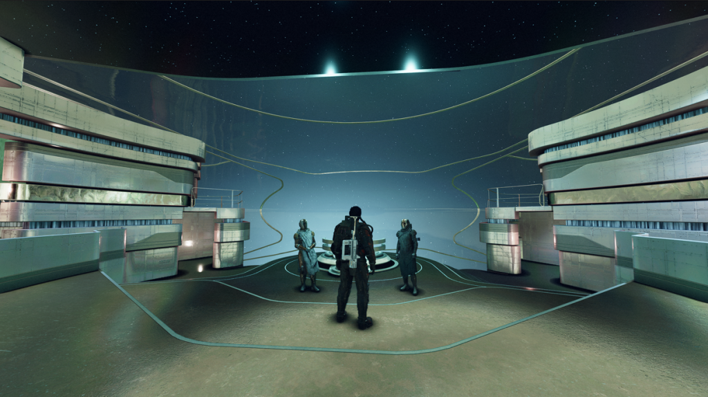 Meeting the Starborn Meeting with Starfield Starborn, the Hunter and the Emissary on their ship