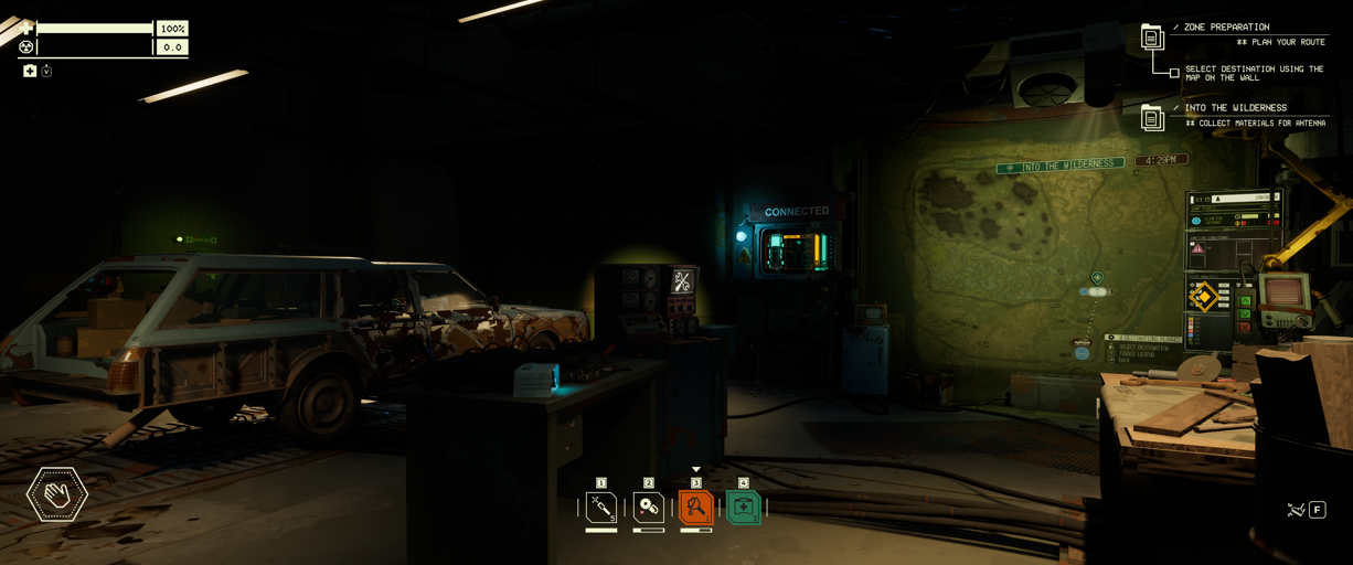 Pacific Drive garage with station wagon and high tech equipment
