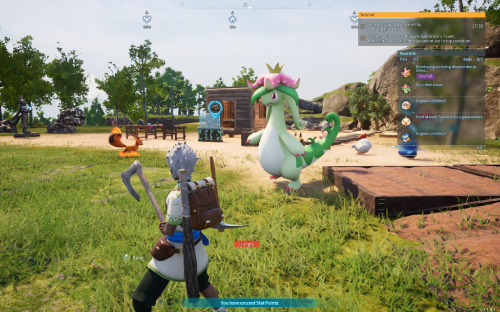 My Palworld carrying an axe near my base with a new big green crowned pal walking around