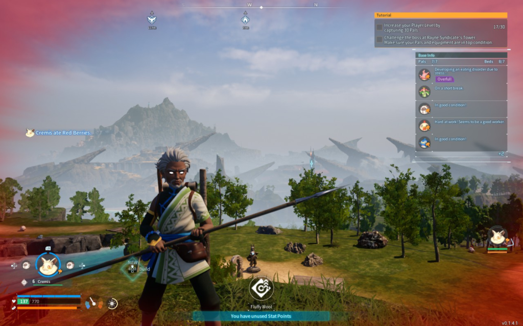 Palworld old man character carrying a spear with mountains in the background