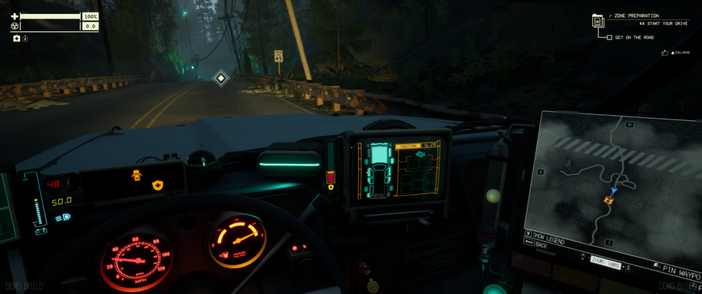 Pacific Drive station wagon dashboard lights on driving down the road