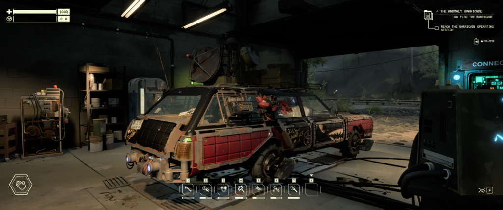 Junk in the Trunk Pacific Drive station wagon rear with LIM emitter bumper, armored panels, paddle tires, side battery and more
