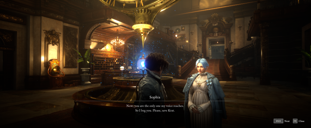 Pinocchio talking to Sophia in the Krat Hotel lobby