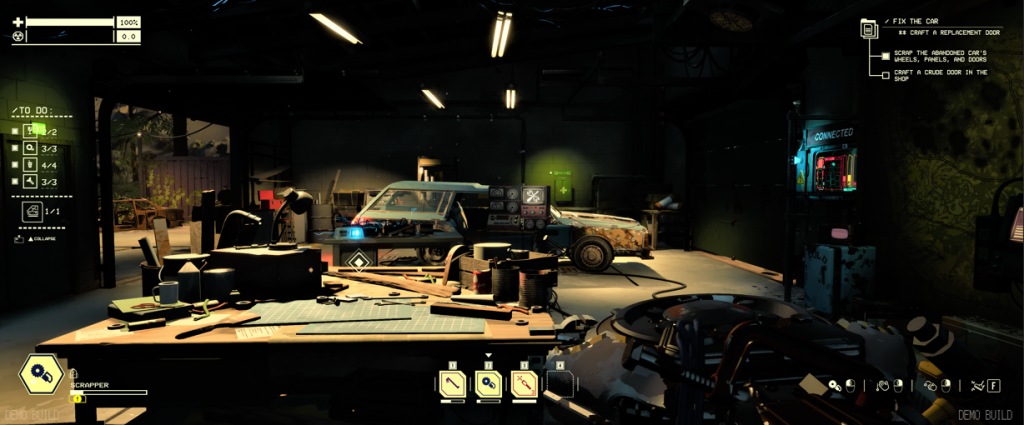 Pacific Drive garage crafting table with station wagon in the background