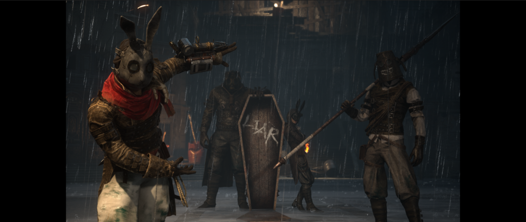 Lies of P the Black Rabbit Brotherhood holding a coffin with the word Liar