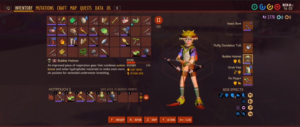 Underwater Gear Prep Grounded character in the inventory screen wearing a bubble helmet and fin flops