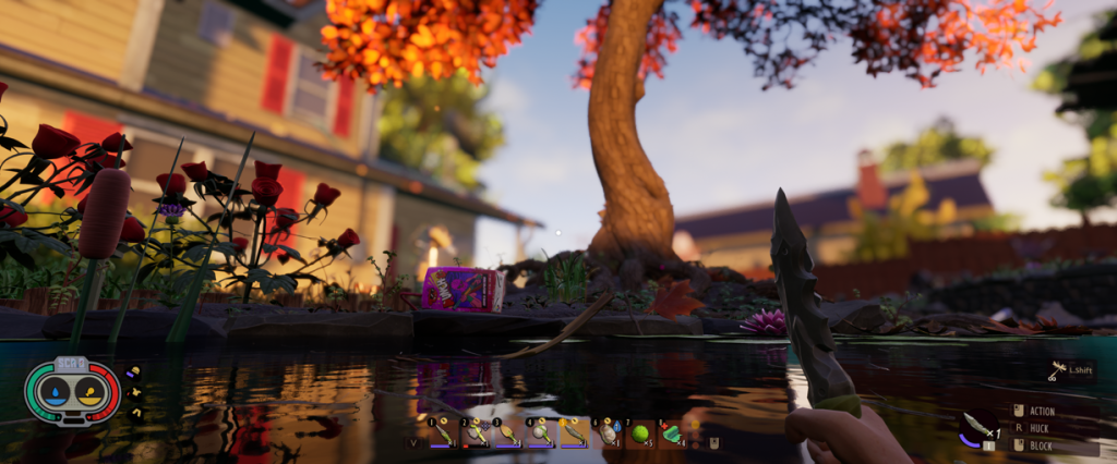 Grounded holding a knife in front of the Koi pond with oak tree in the background and roses
