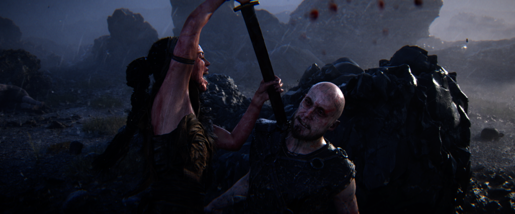 Senua stabbing sword through the neck of a viking
