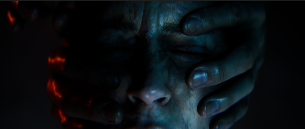 Senua in HB2 with someone's hands covering her face