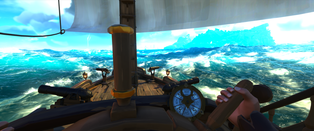 Sailing the Sloop Holding the wheel of the sloop on open seas as waves crash into the boat