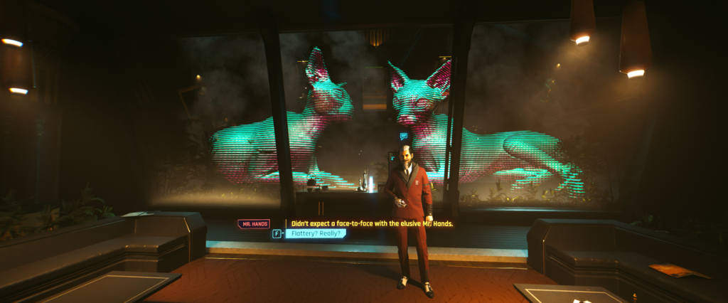 Face to Face with Mr Hands Cyberpunk 2077 Phantom Liberty Mr. Hand in hotel room with holo cats