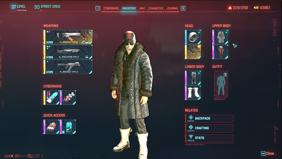 My Russian Oligarch V Cyberpunk 2077 Inventory screen showing my V in Russian gangster style clothing