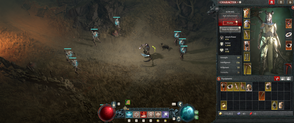 My Bone Army Diablo 4 gameplay with bone army and menu showing