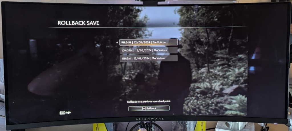 RollBack Save Options Indiana Jones and the Great Circle Rollback Save menu screen