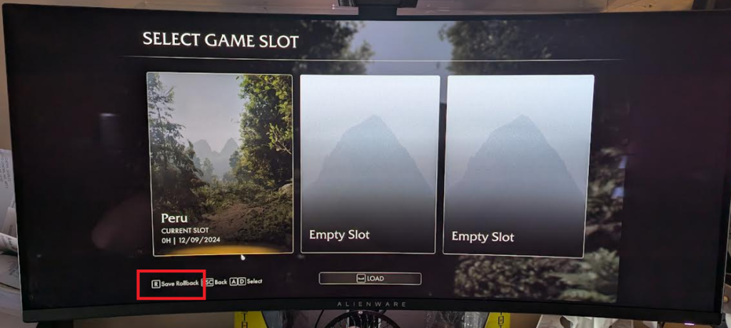Choosing Save Rollback Indiana Jones and the Great Circle Select Game slot screen showing Save Rollback