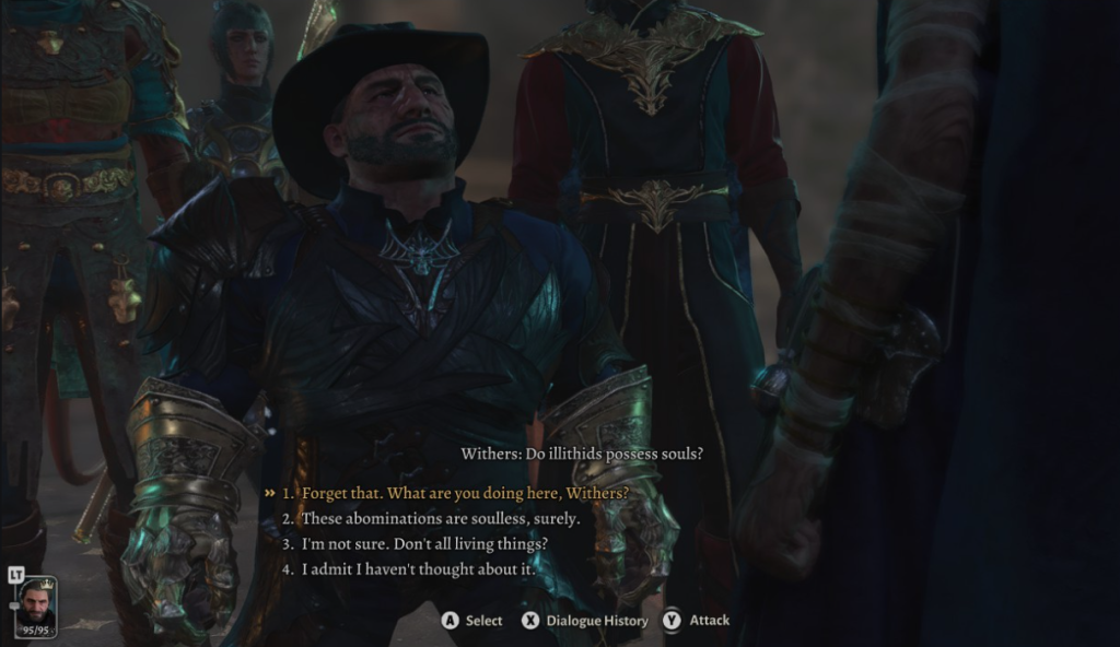 Tav talking to Withers My Tav and party talking to Withers at camp in Baldur's Gate 3