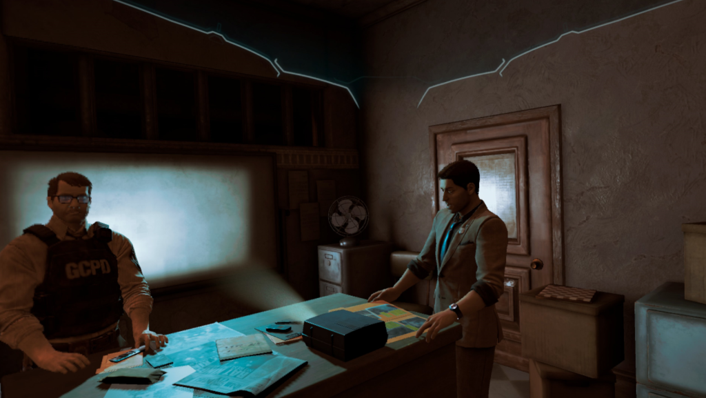 Commissioner Gordon and Harvey Dent talking to Batman in a briefing room in VR