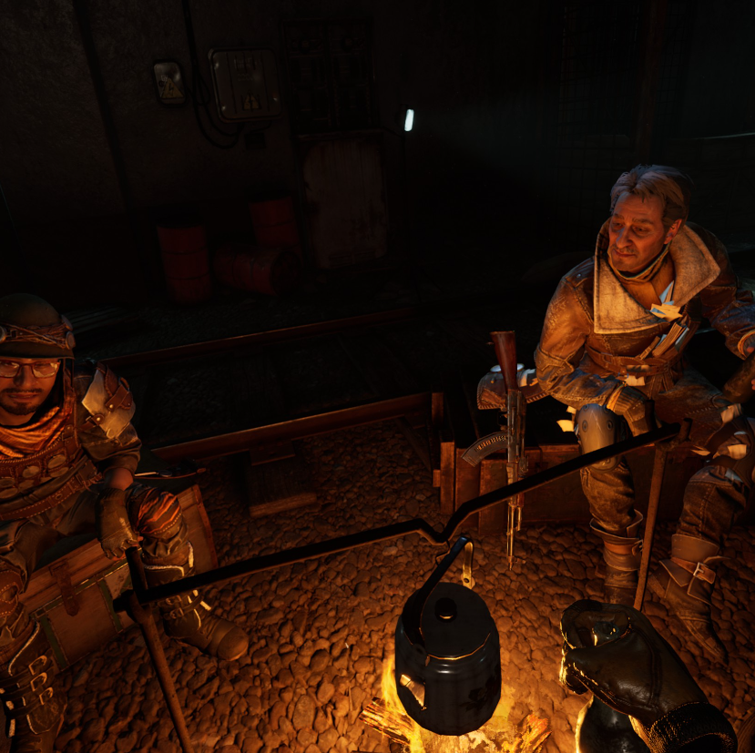 Metro VR sitting at the campfire with some NPCs