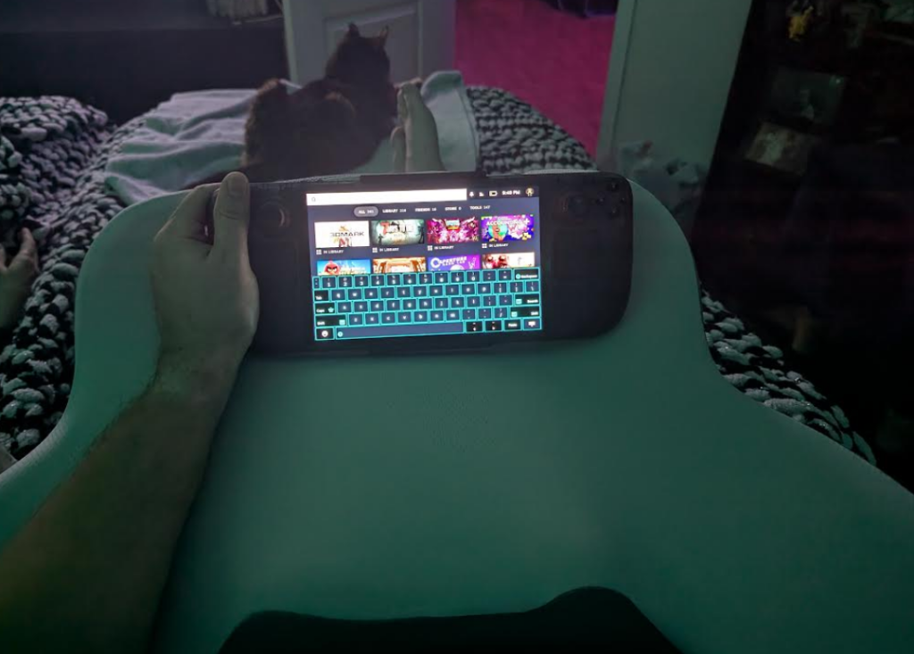 Steam Deck and Portable Gaming pillow with Steam Deck on top