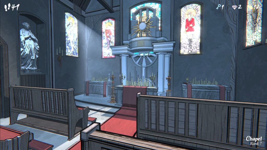 The Blue Prince chapel sun shining through stain glass windows