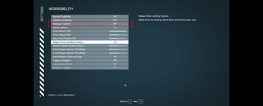 Starfield Accessibility options dialogue camera setting